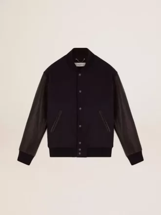 Bomber da uomo in lana blu scuro con maniche in pelle