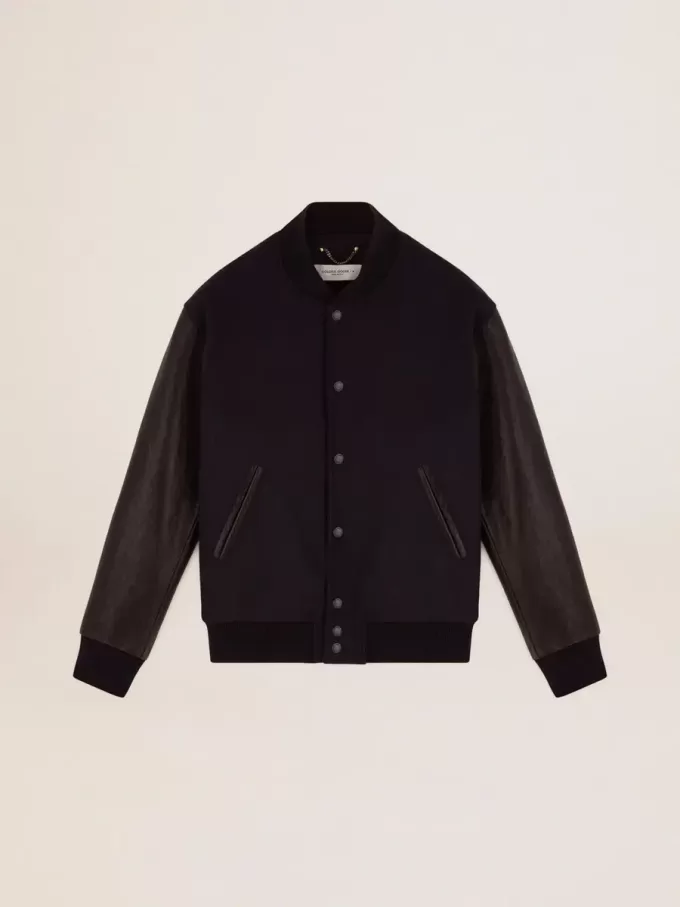 Bomber da uomo in lana blu scuro con maniche in pelle Bomber da uomo in lana blu scuro con maniche in pelle