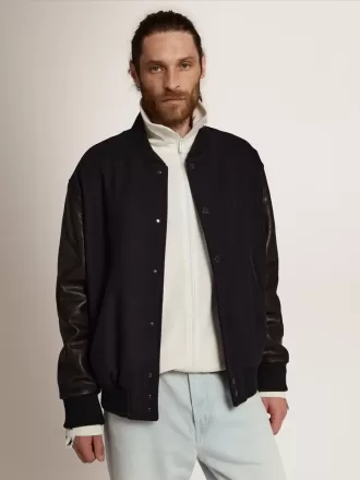 Bomber da uomo in lana blu scuro con maniche in pelle