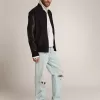 Bomber da uomo in lana blu scuro con maniche in pelle Bomber da uomo in lana blu scuro con maniche in pelle