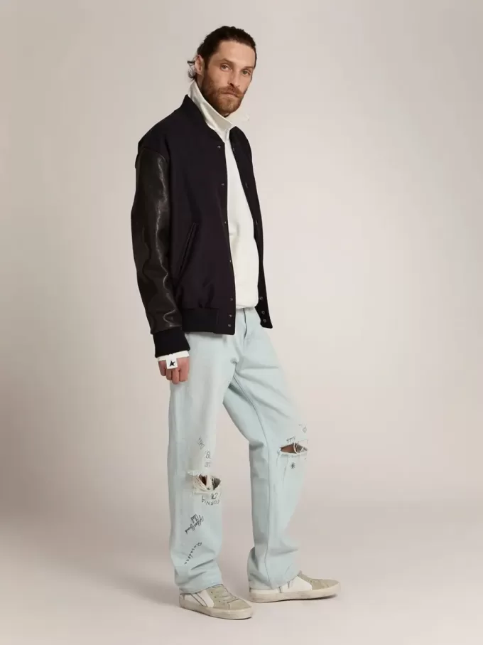 Bomber da uomo in lana blu scuro con maniche in pelle Bomber da uomo in lana blu scuro con maniche in pelle