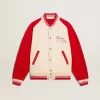 Bomber in cotone bianco e rosso consumato con ricami