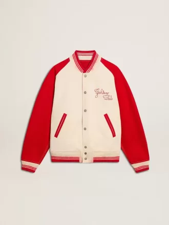 Bomber in cotone bianco e rosso consumato con ricami