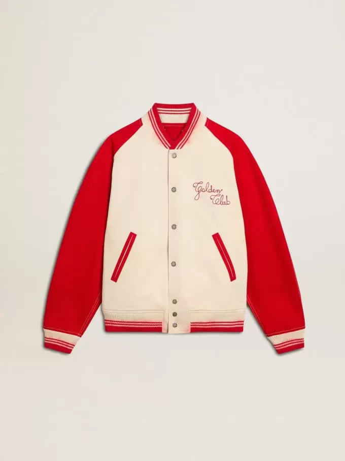 Bomber in cotone bianco e rosso consumato con ricami