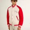 Bomber in cotone bianco e rosso consumato con ricami