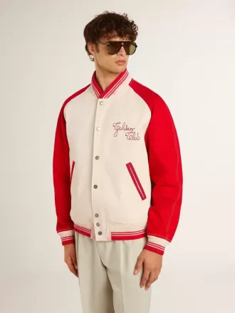 Bomber in cotone bianco e rosso consumato con ricami