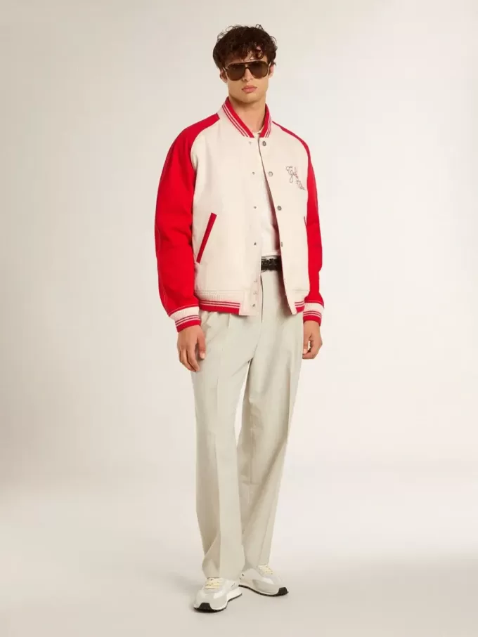 Bomber in cotone bianco e rosso consumato con ricami