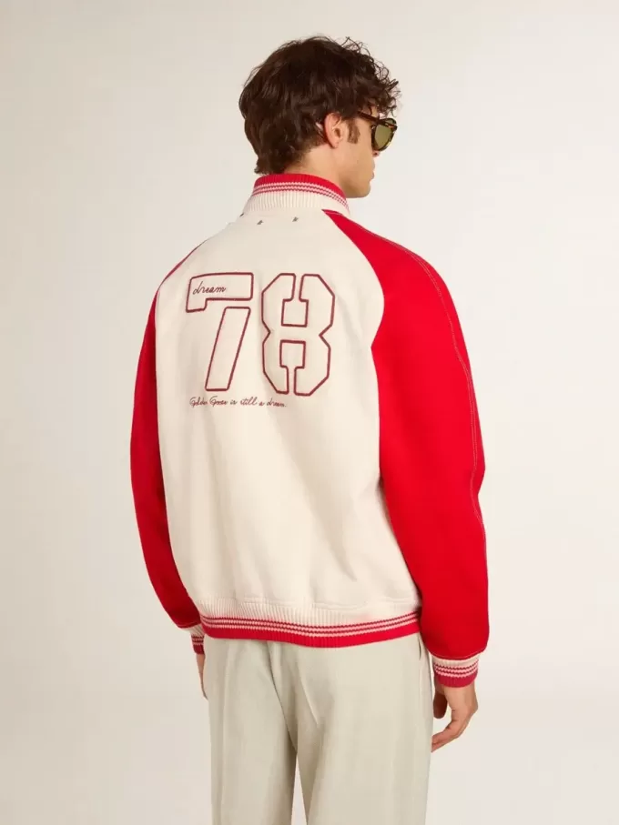 Bomber in cotone bianco e rosso consumato con ricami