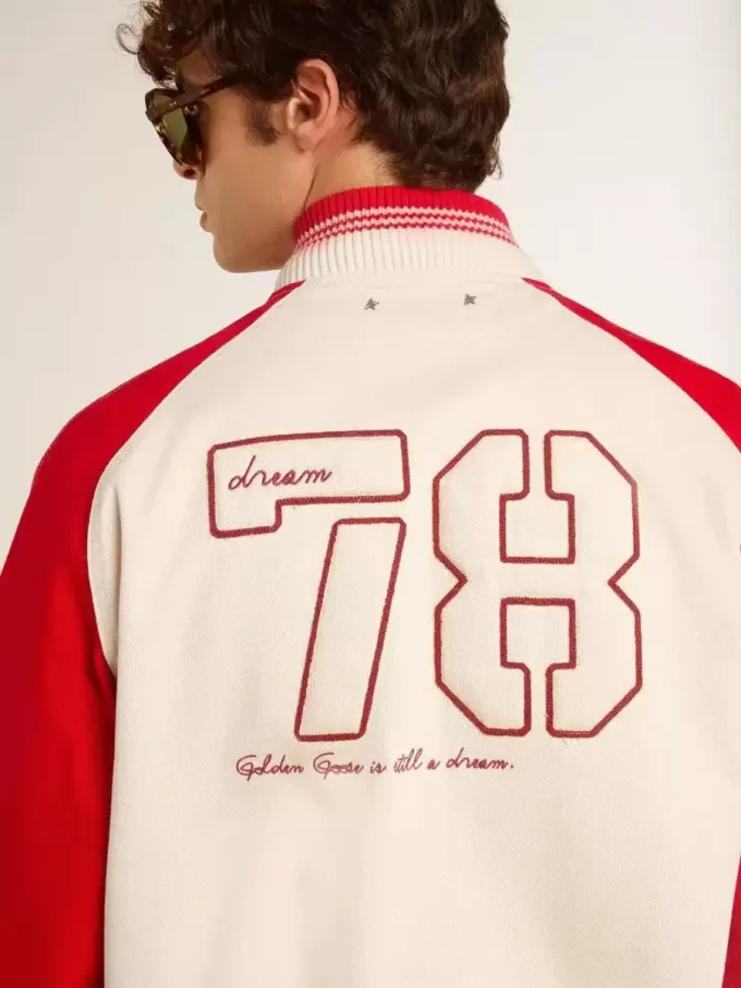Bomber in cotone bianco e rosso consumato con ricami