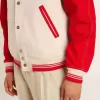 Bomber in cotone bianco e rosso consumato con ricami