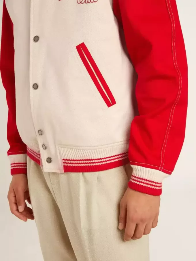 Bomber in cotone bianco e rosso consumato con ricami