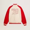 Bomber in cotone bianco e rosso consumato con ricami