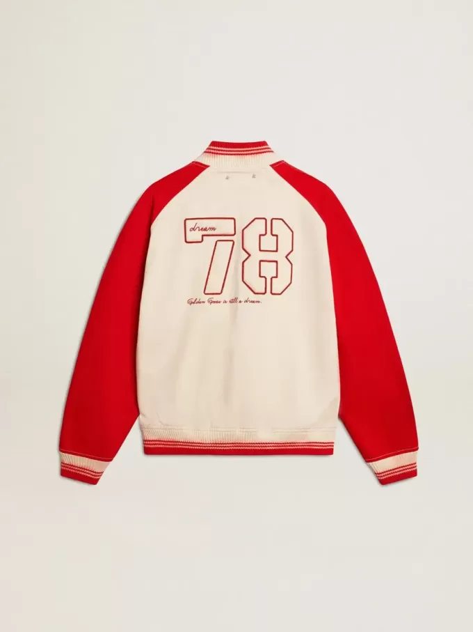 Bomber in cotone bianco e rosso consumato con ricami