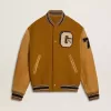 Bomber in lana giallo ocra con maniche in pelle