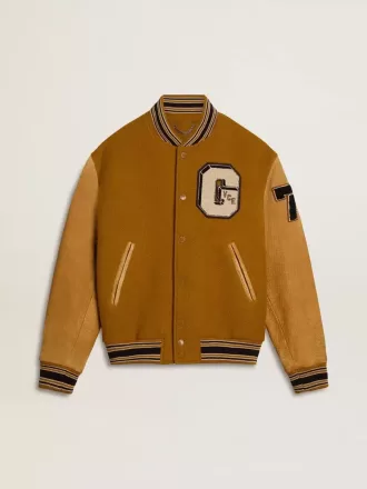 Bomber in lana giallo ocra con maniche in pelle