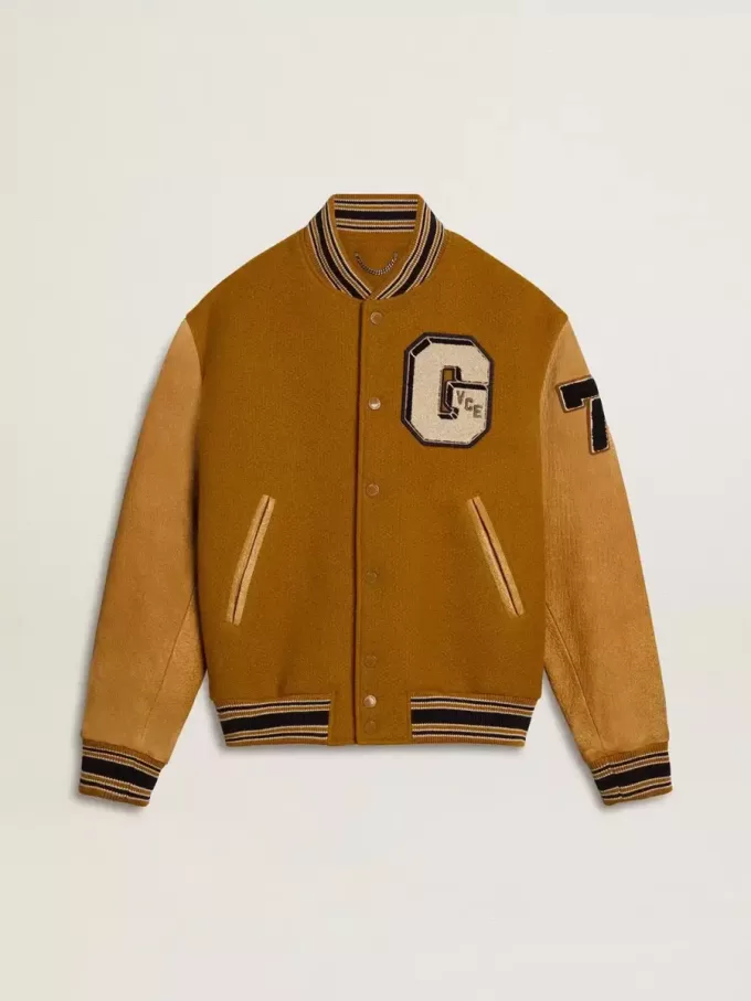 Bomber in lana giallo ocra con maniche in pelle