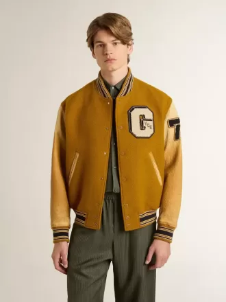 Bomber in lana giallo ocra con maniche in pelle