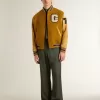 Bomber in lana giallo ocra con maniche in pelle