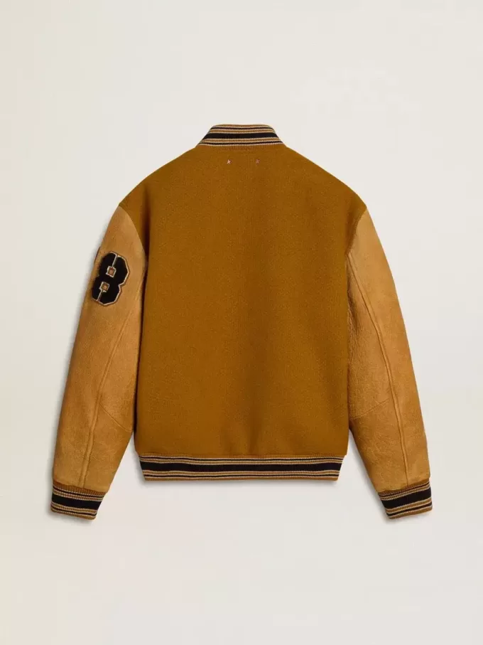 Bomber in lana giallo ocra con maniche in pelle