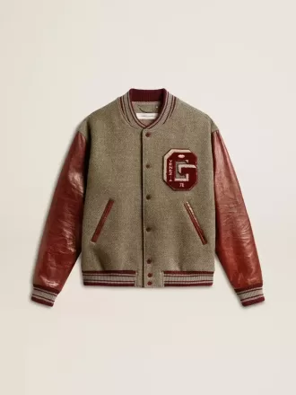 Bomber in lana grigio melange con maniche in pelle