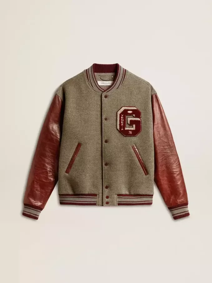 Bomber in lana grigio melange con maniche in pelle