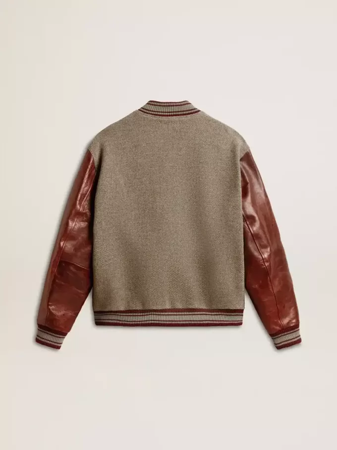 Bomber in lana grigio melange con maniche in pelle