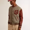 Bomber in lana grigio melange con maniche in pelle