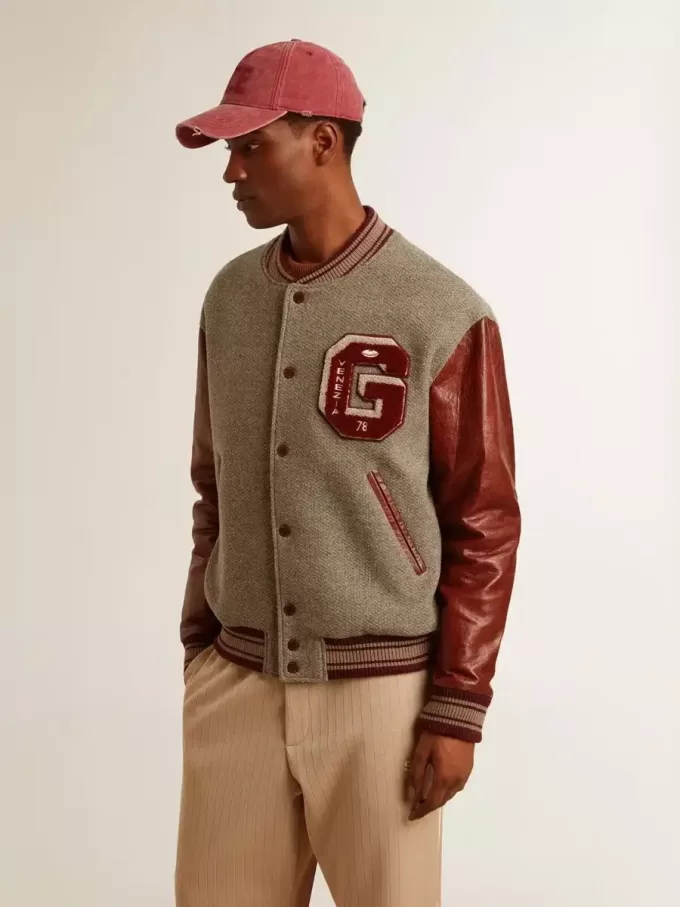 Bomber in lana grigio melange con maniche in pelle