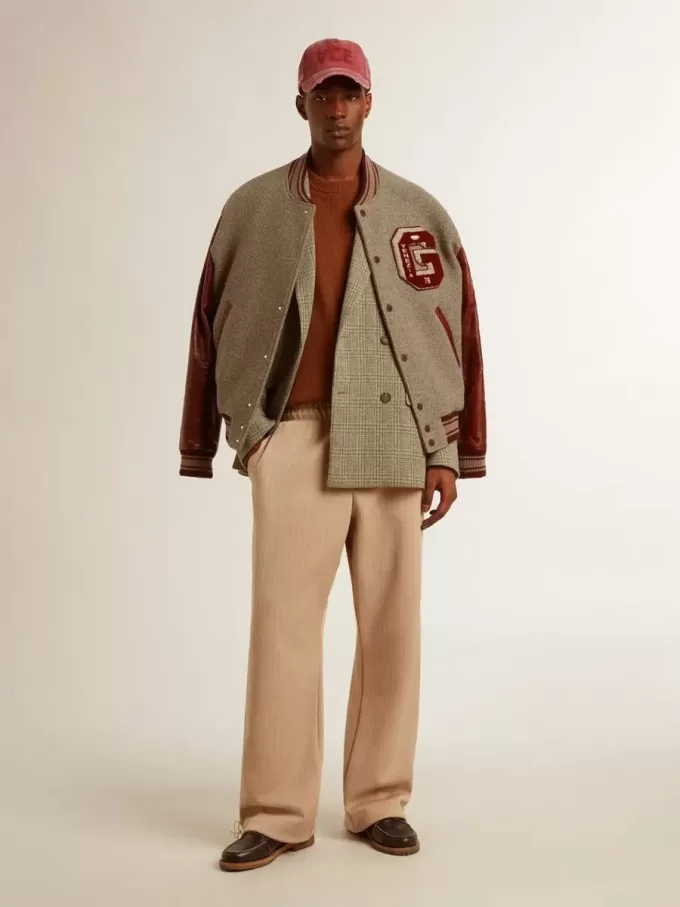 Bomber in lana grigio melange con maniche in pelle