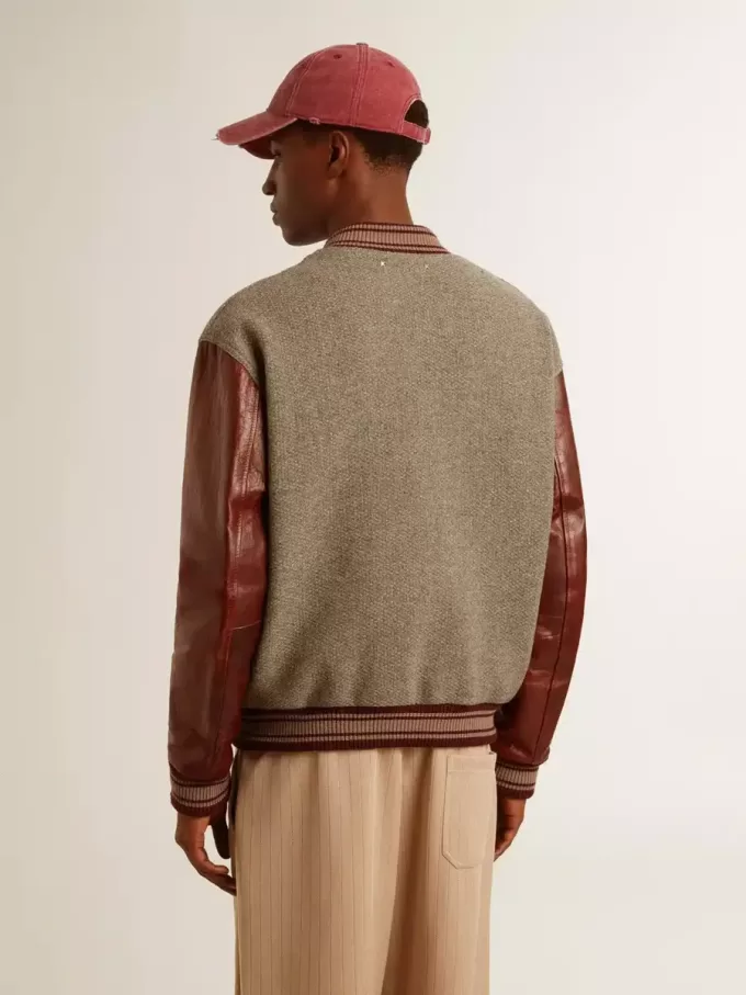 Bomber in lana grigio melange con maniche in pelle