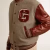 Bomber in lana grigio melange con maniche in pelle