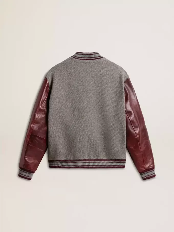 Bomber in lana grigio melange con maniche in pelle
