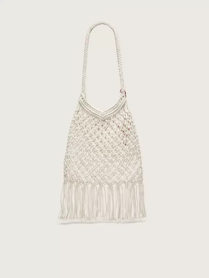 Borsa da donna in macramè di cotone color burro con charm a forma di aragosta in pelle Borsa da donna in macramè di cotone color burro con charm a forma di aragosta in pelle