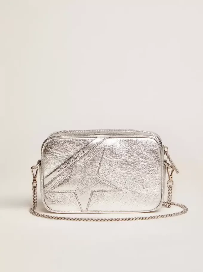 Borsa Mini Star da donna in pelle laminata argento con stella tono su tono Borsa Mini Star da donna in pelle laminata argento con stella tono su tono