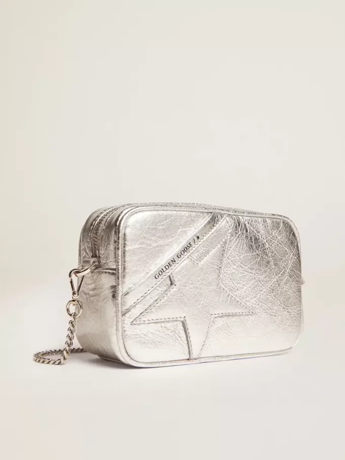 Borsa Mini Star da donna in pelle laminata argento con stella tono su tono Borsa Mini Star da donna in pelle laminata argento con stella tono su tono