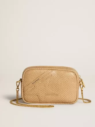 Borsa Mini Star in pelle beige con stampa serpente