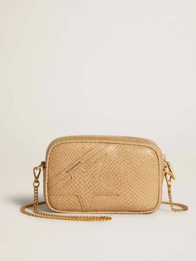 Borsa Mini Star in pelle beige con stampa serpente