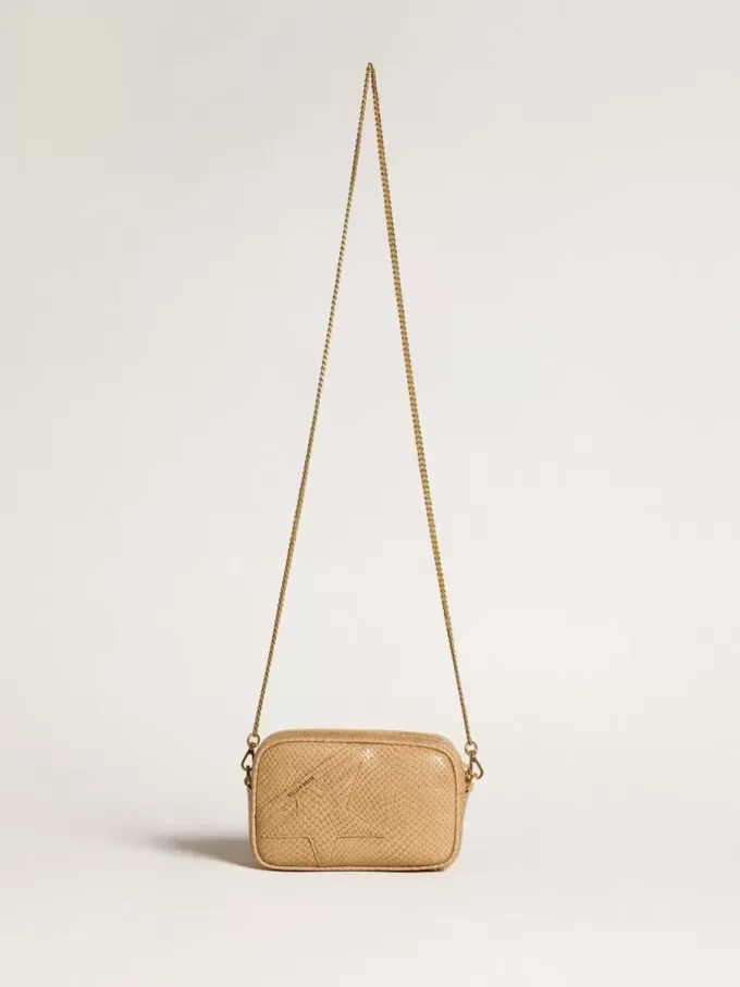 Borsa Mini Star in pelle beige con stampa serpente