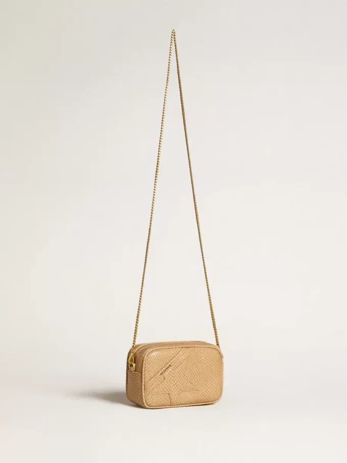 Borsa Mini Star in pelle beige con stampa serpente