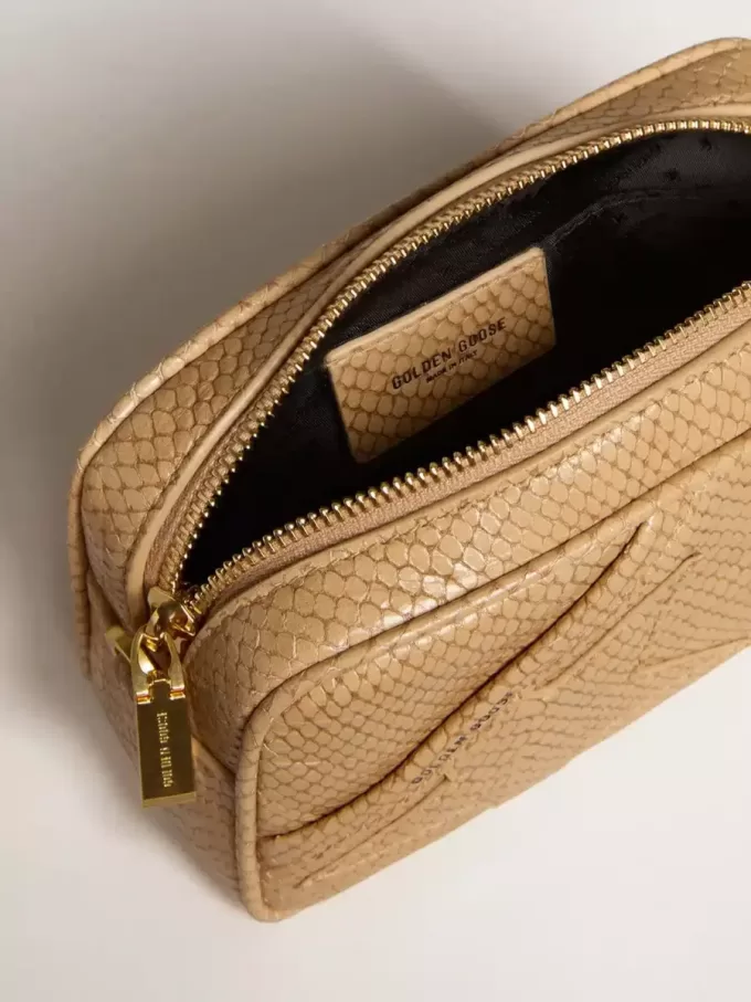 Borsa Mini Star in pelle beige con stampa serpente