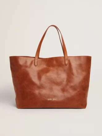 Borsa Pasadena in pelle martellata lucida color cuoio con logo dorato sul davanti