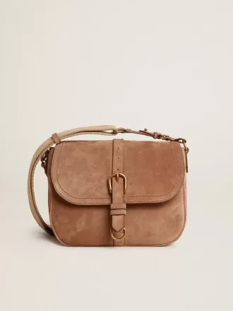 Borsa Sally media in pelle scamosciata color cenere con fibbia e tracolla a contrasto