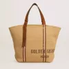 Borsa tote 24.7 in rafia naturale e pelle marrone con dettagli metallici dorati