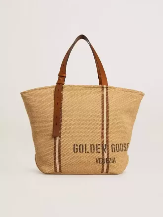 Borsa tote 24.7 in rafia naturale e pelle marrone con dettagli metallici dorati