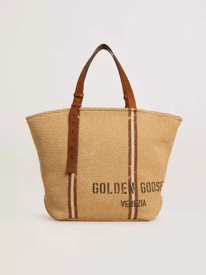 Borsa tote 24.7 in rafia naturale e pelle marrone con dettagli metallici dorati