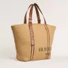 Borsa tote 24.7 in rafia naturale e pelle marrone con dettagli metallici dorati