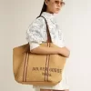 Borsa tote 24.7 in rafia naturale e pelle marrone con dettagli metallici dorati