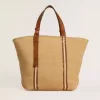 Borsa tote 24.7 in rafia naturale e pelle marrone con dettagli metallici dorati