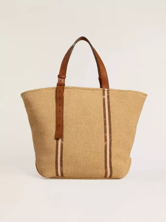 Borsa tote 24.7 in rafia naturale e pelle marrone con dettagli metallici dorati