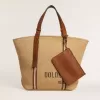 Borsa tote 24.7 in rafia naturale e pelle marrone con dettagli metallici dorati